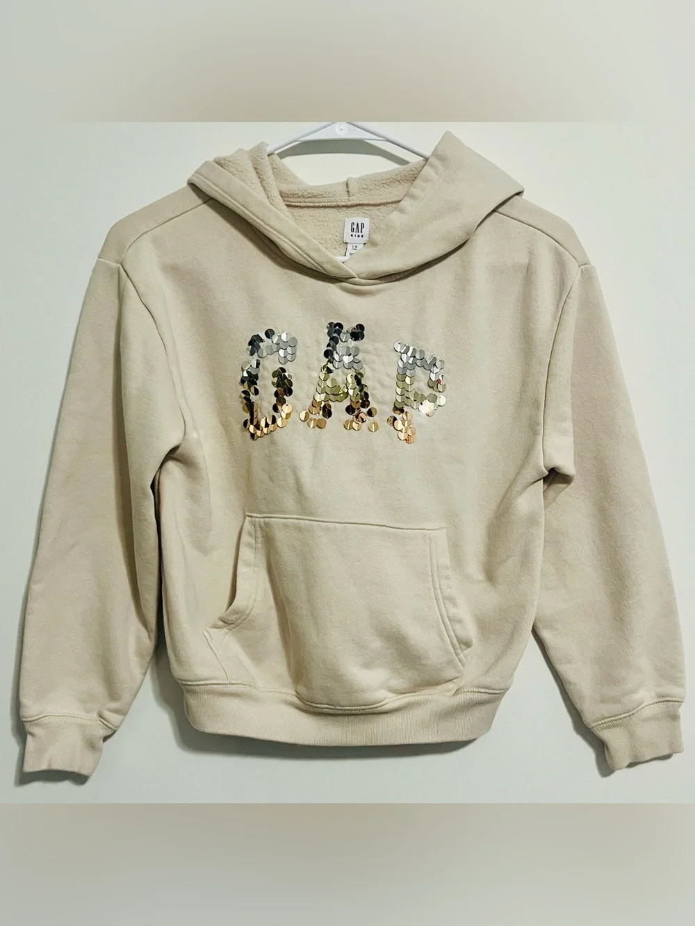 GAP Beige Sequin Logo Hoodie - Girls Casual Sweater